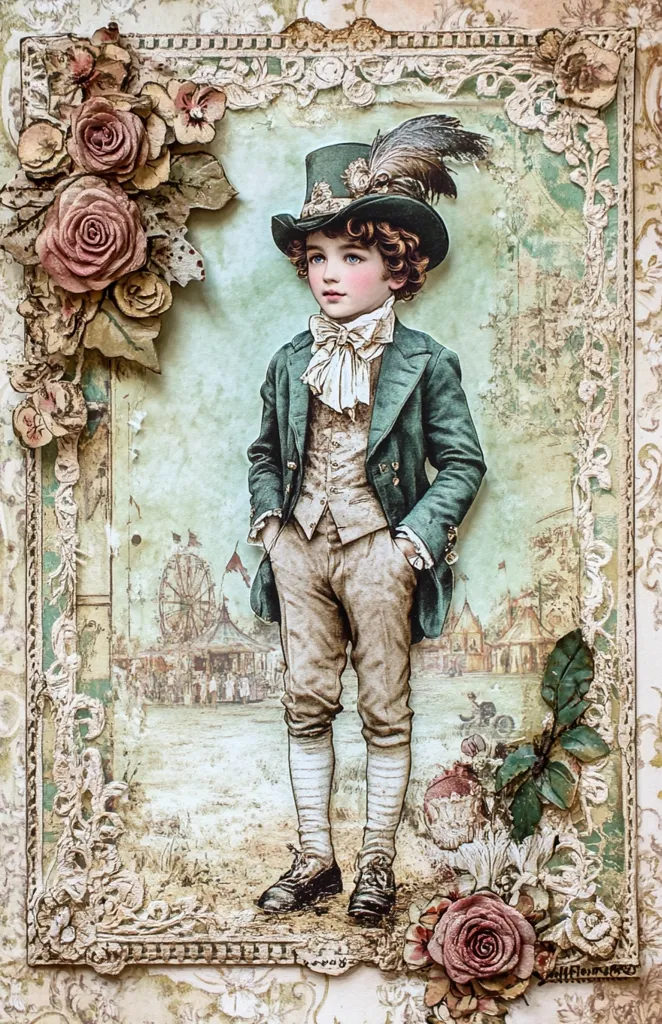 The image is a vintage-style illustration featuring a young boy in a green suit and a top hat. He is standing in front of a fairground scene with a Ferris wheel in the background. The image is framed with ornate embellishments and flowers. The overall effect is whimsical and nostalgic.