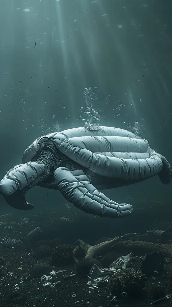 A large, inflated turtle-like creature swims through a murky underwater environment. Its white, puffy exterior contrasts with the dark, shadowy depths. Scattered debris litters the ocean floor, highlighting the problem of marine pollution. Sunlight streams down from above, creating beams of light amidst the gloom. The scene conveys a sense of both beauty and danger.