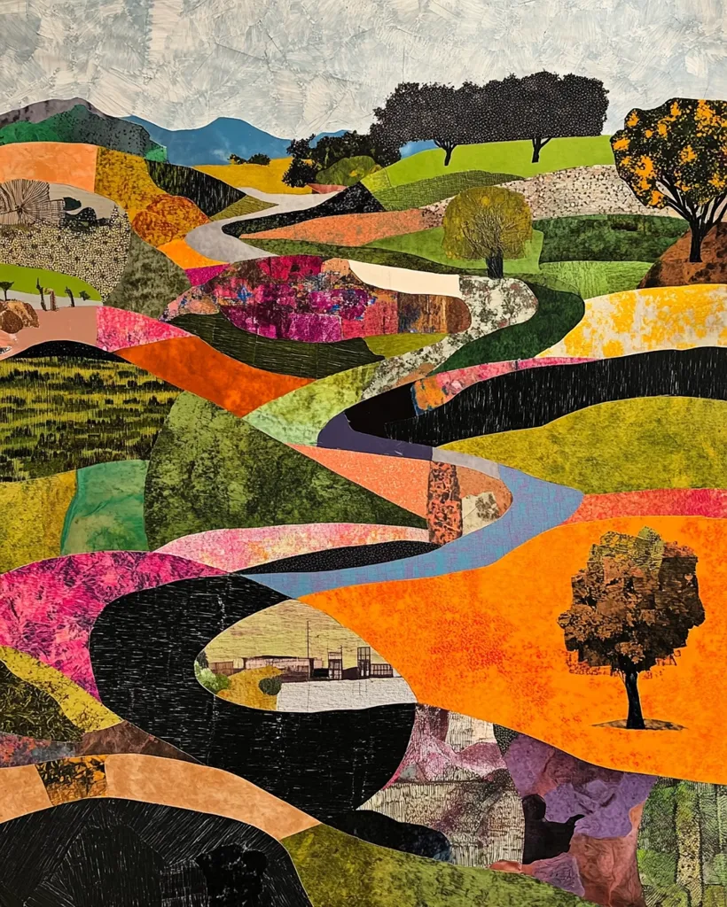 The image depicts a vibrant landscape composed of colorful patchwork pieces. Winding roads meander through hills, valleys, and fields, dotted with trees and houses. The patchwork style creates a sense of depth and texture, highlighting the contrasting colors and shapes. The overall composition evokes a playful and imaginative vision of a whimsical landscape.