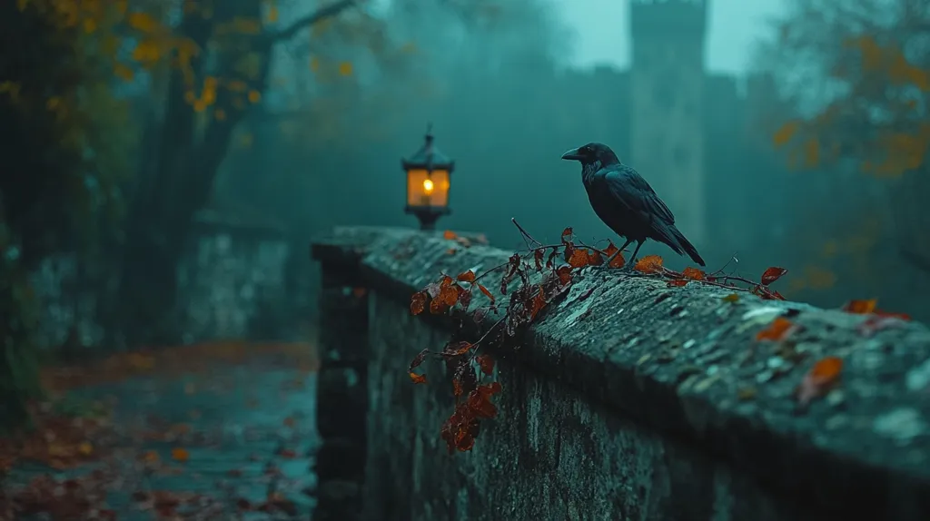 A solitary black crow perches on a stone wall, silhouetted against a misty, teal-colored backdrop.  A faint glow emanates from a lamppost in the distance, creating an eerie atmosphere.  Autumn leaves scatter the ground, hinting at the changing season.  The scene evokes a sense of mystery and tranquility.