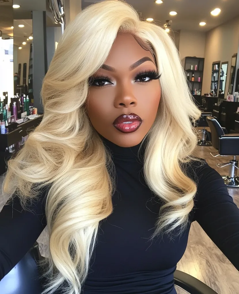 Here's a description of the image:

Close-up view of a woman with dark skin, wearing a black turtleneck top, and sporting a long, voluminous, platinum blonde wig styled in loose waves cascading over her shoulders. Her makeup is dramatic, featuring strong brows, defined eyes with long lashes, and a bold, dark-brown-red lipstick.  The setting appears to be a hair salon, with salon chairs and hair product shelves visible in the background. The overall aesthetic is glamorous and stylish.