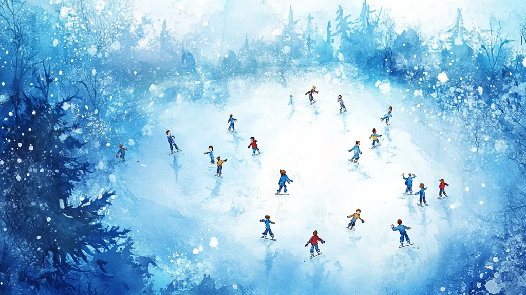 Here's a description of the image:

A watercolor painting depicts a whimsical winter scene.  Numerous children, rendered in simple, stylized forms, ice skate on a frozen pond or lake.  They are scattered across the surface, suggesting casual play. The ice is a light blue, subtly textured to mimic ice. The background features a snowy, ethereal forest with dark blue-green trees, conveying a sense of peace and tranquility. The overall style is soft and dreamlike, with a focus on cool blues and whites. The scene evokes feelings of childhood wonder and the magic of a winter wonderland.