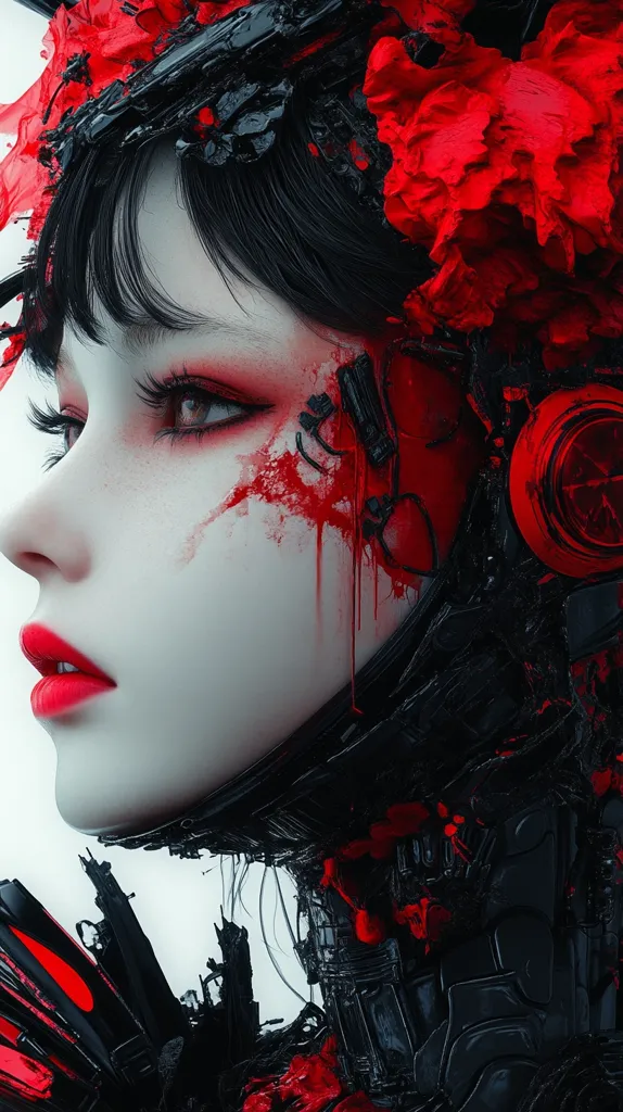 The image features a woman with black hair and red lipstick. Her face is partially obscured by a black and red mechanical structure. The woman's face is painted with red makeup, creating a striking contrast against her pale skin. The image has a dark, futuristic aesthetic and evokes a sense of mystery and intrigue.