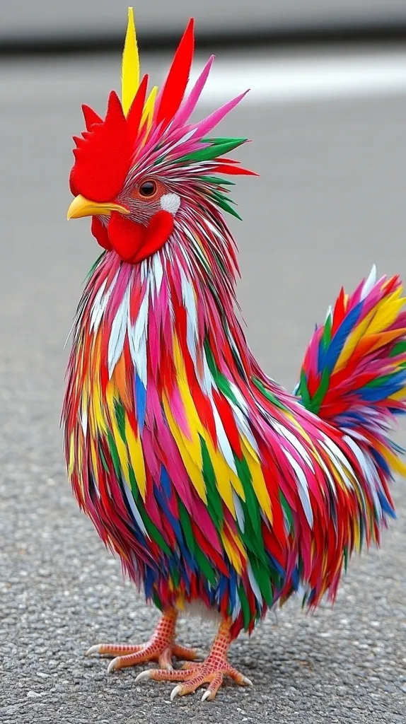 A rooster with a bright red comb and wattles stands on a gray surface. Its feathers are an explosion of color, including red, yellow, blue, green, and pink. The rooster's  feathers are so bright and colorful that it looks like a work of art. It is standing on a gray surface, looking to the left of the viewer.  Its long, colorful tail feathers stream behind it.  It is a striking and unique sight.