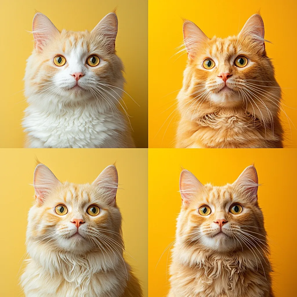 The image features a collage of four photographs, each showcasing a fluffy orange tabby cat with striking green eyes. The cats are positioned against a vibrant yellow background, creating a cheerful and eye-catching visual. Each feline stares directly at the camera with a curious and playful expression. The soft, golden fur of the cats contrasts beautifully with the bright yellow backdrop, creating a visually pleasing composition. The repetition of the cat's image in the collage emphasizes its adorable features and endearing personality.