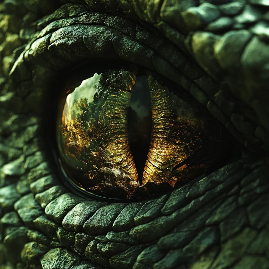 A close-up of a reptilian eye, the texture of its skin is rough and scaly. The eye is a deep yellow with a black pupil and the reflection of a dark green forest in the background. The light from the reflection makes the eye appear to glow.  The overall feeling is one of mystery and power.