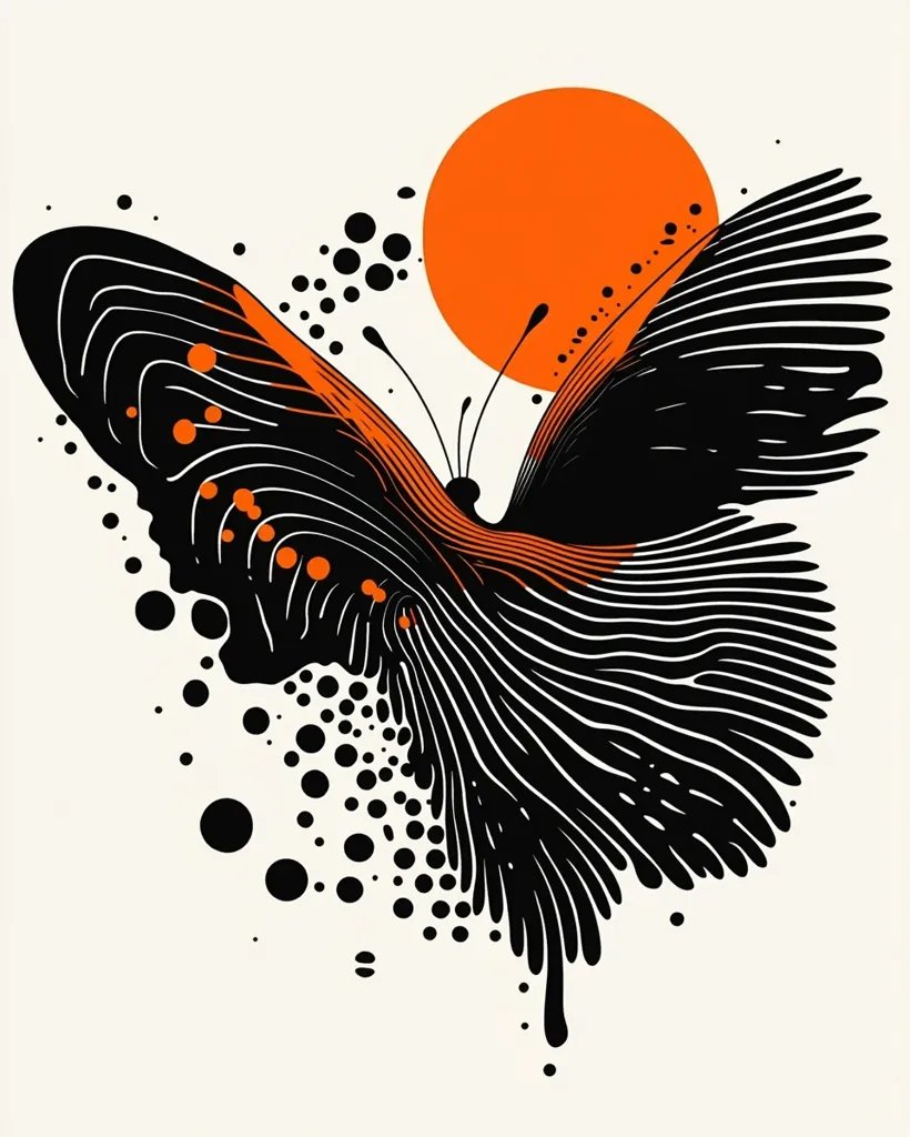 Here's a description of the image:

The artwork is a stylized depiction of a butterfly against a white background. The butterfly is predominantly black with intricate, parallel lines creating a textured effect on its wings. Accents of burnt orange are visible along the wing veins and body.  A large, solid burnt orange circle sits behind the butterfly, resembling a sun.  Black dots and splatters are scattered around the butterfly, adding to the dynamic, abstract feel. The overall style is modern and graphic, with a strong contrast between the black and orange.