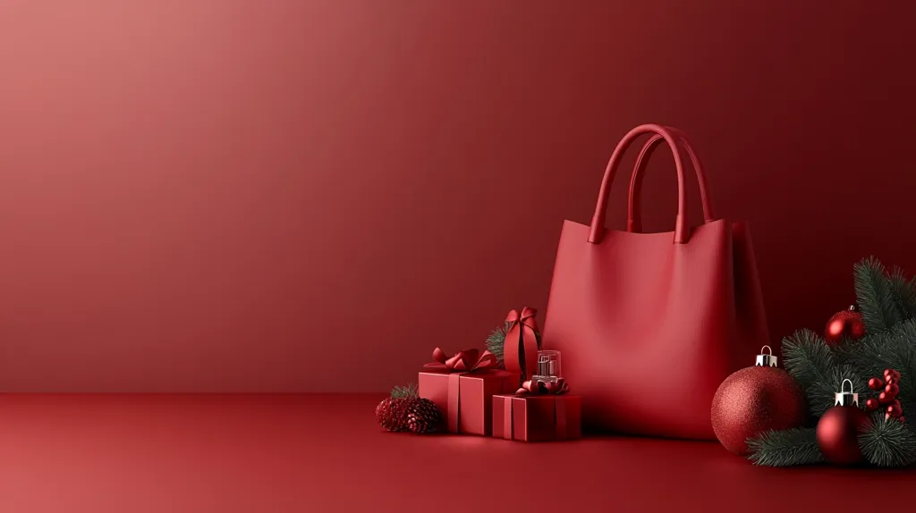 A festive image showcases a large red tote bag, prominently displayed against a matching crimson backdrop.  Nestled beside it are several smaller red gift boxes adorned with ribbons, a perfume bottle, and a sprig of evergreen decorated with red Christmas ornaments.  The overall monochromatic palette creates a sophisticated and luxurious holiday feel.  The scene is minimalist and suggests elegance and the anticipation of gift-giving.