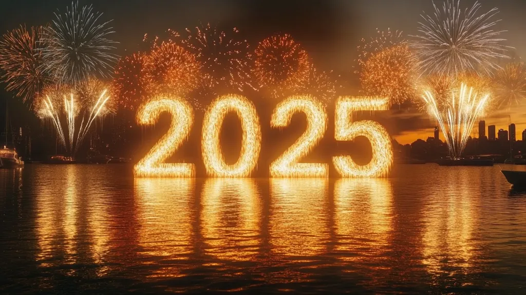 The image shows the year 2025 formed with sparkling fireworks over a calm body of water. The fireworks are reflected in the water, creating a beautiful and festive atmosphere. The cityscape in the background is silhouetted against the night sky. The image captures the excitement and celebration of the new year.