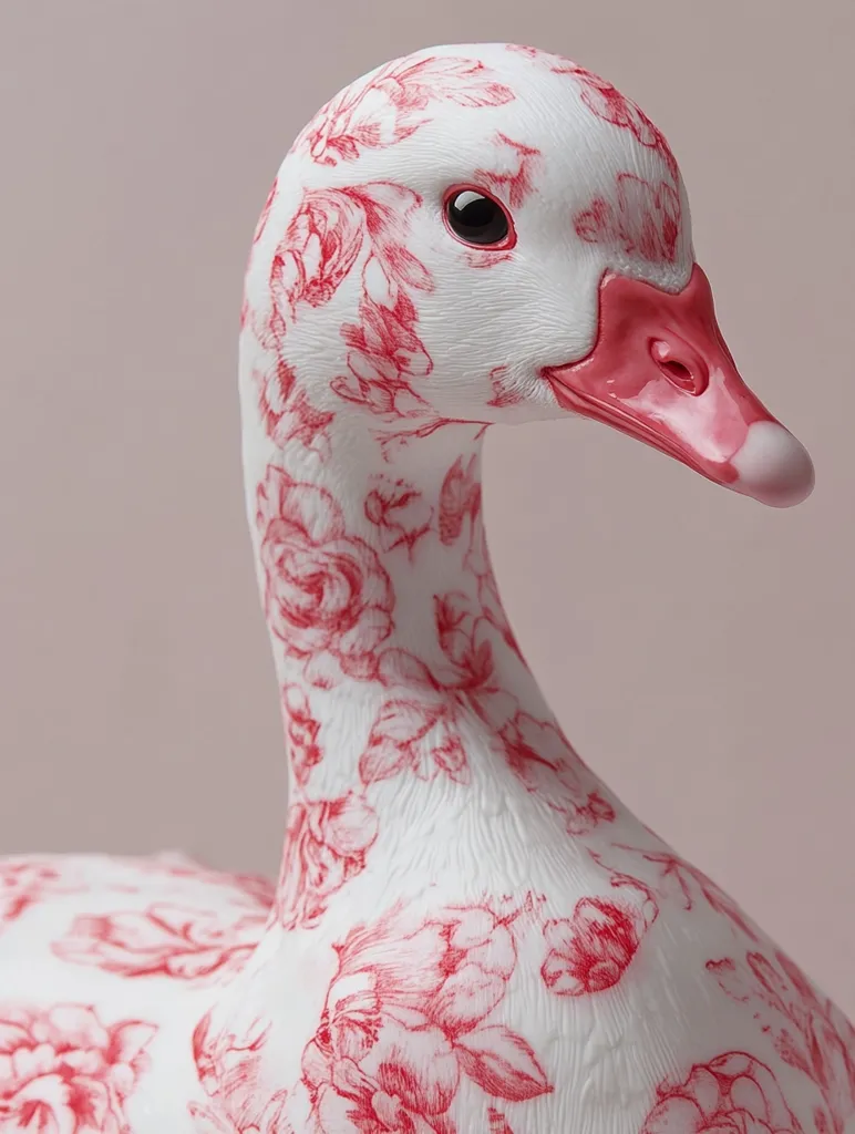 Close-up of a sculpted goose, predominantly white with a detailed red floral pattern resembling roses. The pattern is intricately applied across the goose's body and neck, extending to its beak, which is a vibrant pinkish-red.  The goose's eye is dark and expressive, contrasting with the lighter colors of the sculpture. The texture appears smooth yet detailed, suggesting a porcelain or ceramic material. The background is a muted, soft pink.