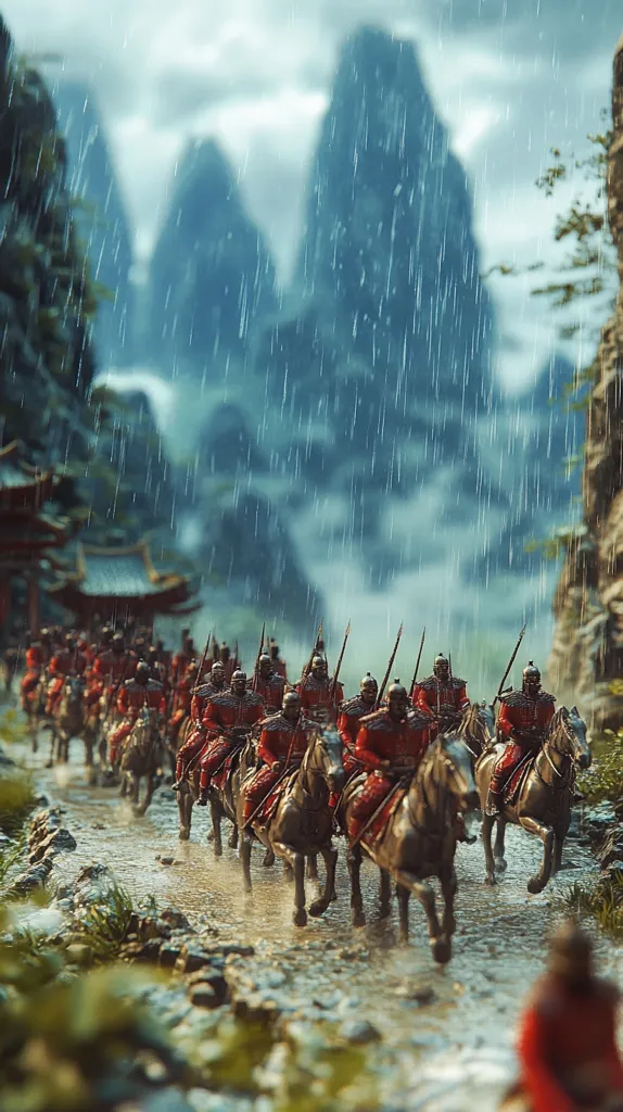 A long line of soldiers on horseback rides through a shallow river in a mountainous landscape. It is raining heavily, and the distant mountains are shrouded in mist. The soldiers are dressed in red and gold armor and are carrying spears. They are moving forward with purpose, their faces grim. The scene evokes a sense of power and determination, as if the soldiers are on a mission of great importance.