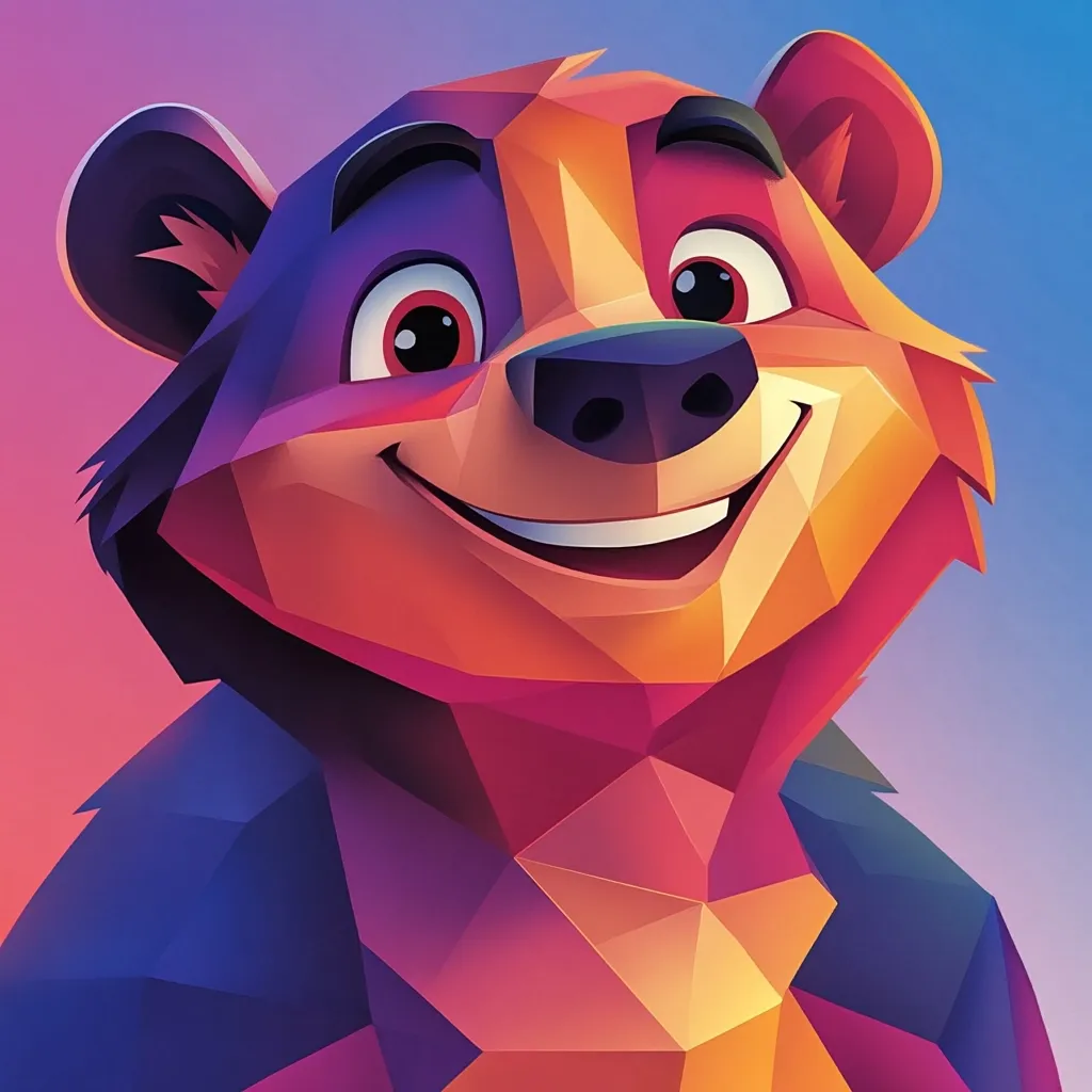 The image is a close-up of a cartoon bear's face. The bear has a big smile and its fur is made up of colorful geometric shapes. The background is a gradient of pink and blue. The bear's eyes are large and black with white pupils. The bear's nose is black and pointy, and its teeth are white. The bear is looking directly at the viewer.  The image is playful and whimsical.