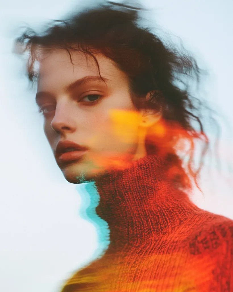 The image features a close-up portrait of a woman with long, dark hair. Her face is partially obscured by a colorful, abstract overlay that creates a dreamy and ethereal atmosphere.  Her eyes are looking off to the side, and her expression is soft and introspective. She is wearing a red sweater that blends with the warm colors of the overlay. The overall effect is a captivating and mysterious portrait.