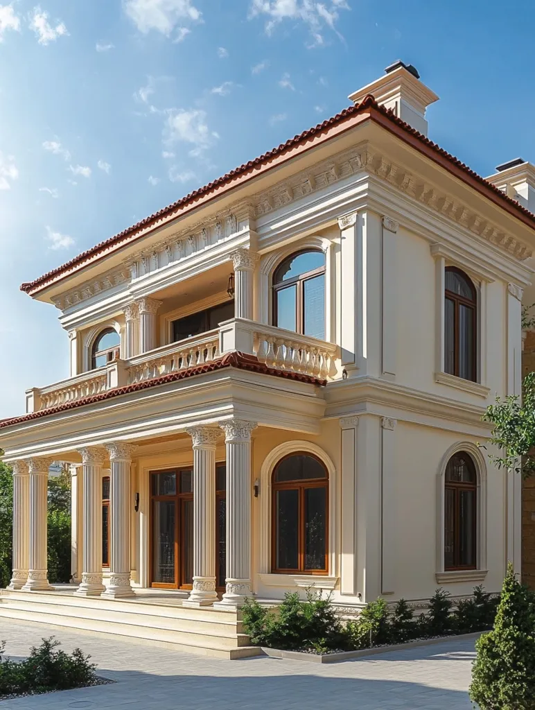 The image showcases a grand, two-story mansion with a classic, neoclassical design. The exterior is adorned with ornate columns, intricate moldings, and a red tile roof, creating a sense of grandeur. Large windows, arched doorways, and a balcony with a balustrade add to the elegance of the structure. The building is painted in a creamy white, contrasting beautifully with the lush green foliage surrounding it. The well-maintained landscaping and the clean lines of the architecture contribute to the overall air of sophistication and luxury.