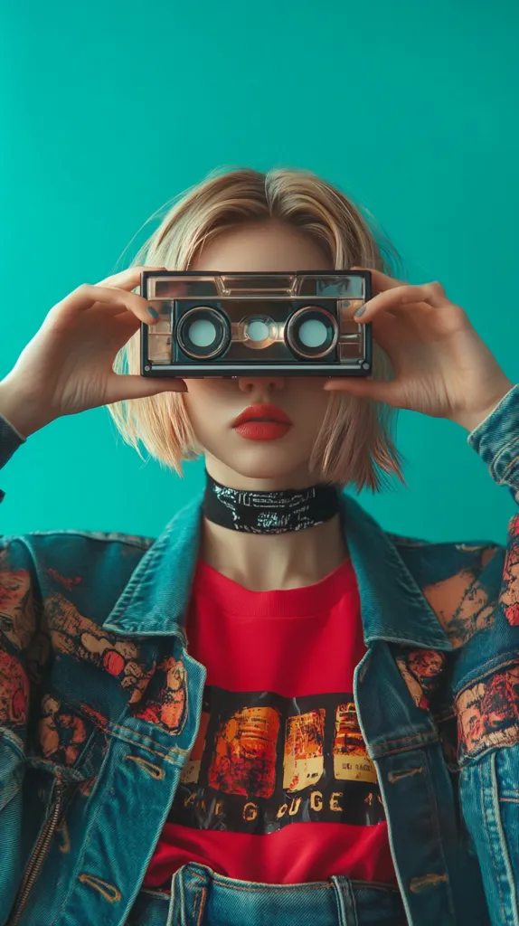 A young woman with short blonde hair is holding a vintage cassette tape in front of her face. She is wearing a red t-shirt, a denim jacket with patches, and a black choker necklace. She is standing in front of a teal blue wall. Her lips are painted red.  The image has a retro and vintage vibe.