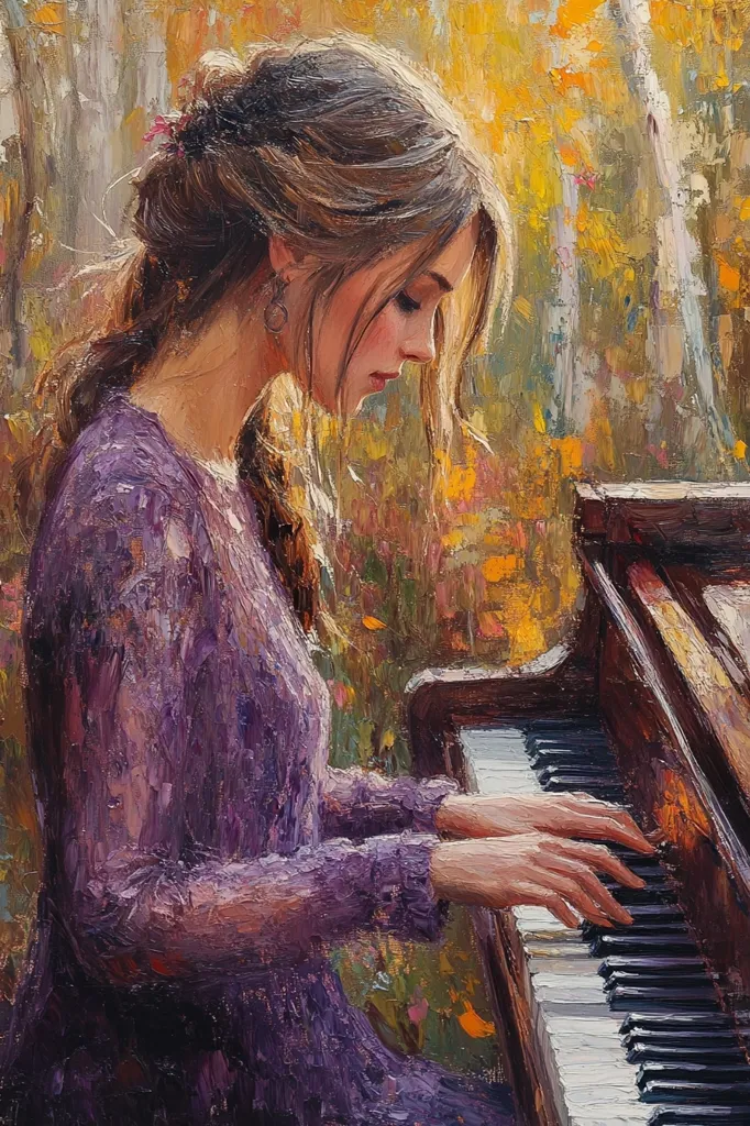 The painting depicts a young woman with long brown hair styled in an updo, wearing a purple dress, seated at an upright piano.  Her expression is serene and pensive as her fingers delicately rest on the ivory keys. The background is an impressionistic rendering of a fall landscape, with blurred trees and warm autumnal colors suggesting a peaceful, outdoor setting. The artist employs a visible impasto technique, creating texture and depth in the woman's clothing and the surrounding foliage. The overall mood is one of quiet contemplation and artistic expression.