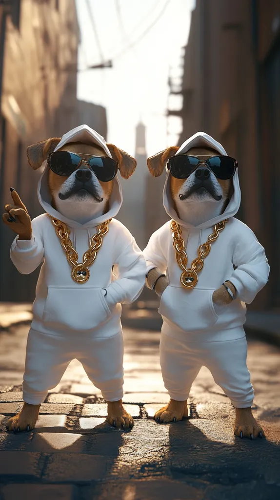 Two identical dogs, dressed in white hoodies and sunglasses, stand on a cobblestone street.  They sport large, gold chain necklaces.  One dog gestures with a paw. The urban backdrop suggests a stylish, hip-hop inspired image.  The dogs' expressions are cool and composed, creating a humorous and stylized scene. The lighting suggests a late afternoon or early evening setting.