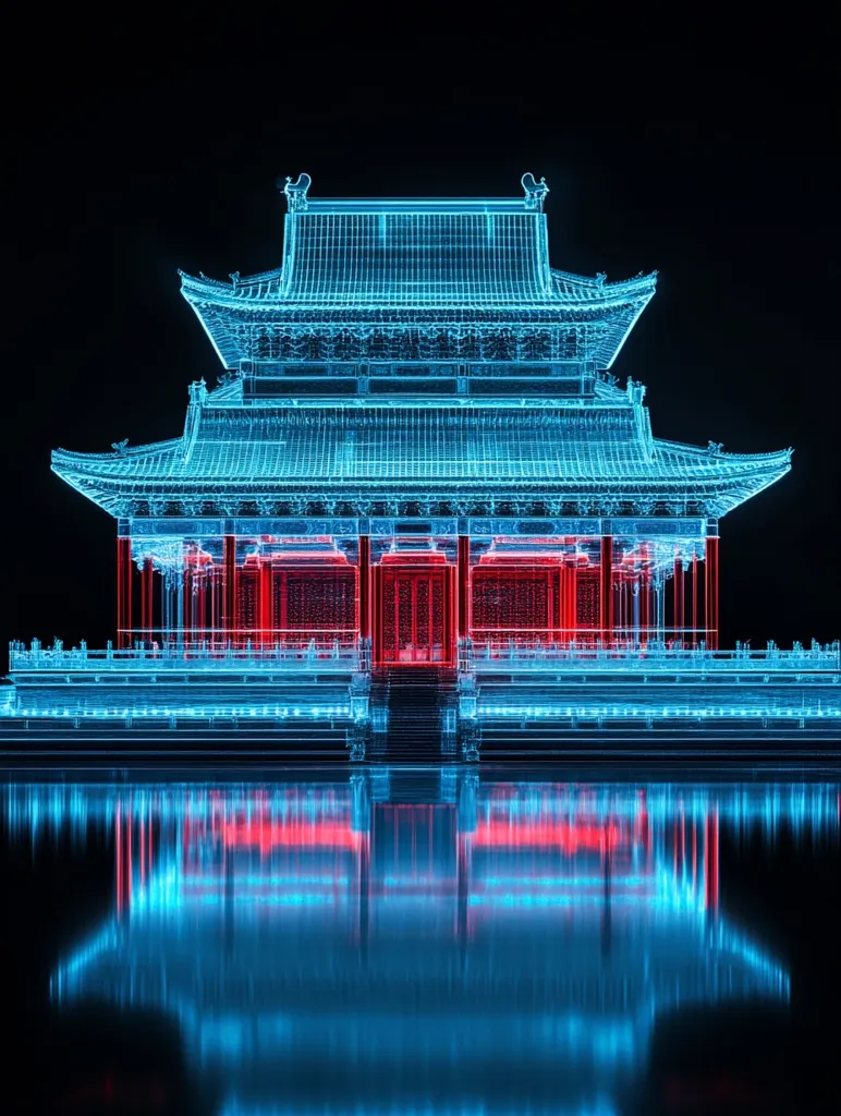 A wireframe model of a traditional Chinese temple glows with blue and red light. It stands on a reflecting surface, creating a mirrored image. The temple has a tiered roof, elaborate details, and a central entrance. The vibrant colors and digital aesthetic suggest a futuristic or abstract interpretation.