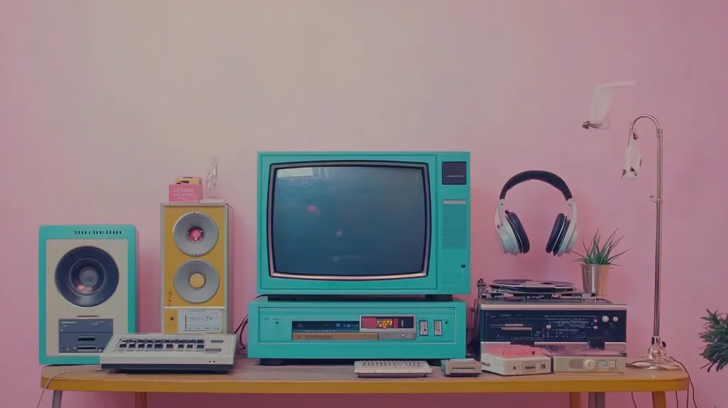A teal retro television sits center stage on a light wood table against a pink wall.  Flanking it are matching teal speakers and a vintage stereo system, including a record player. A pair of white headphones floats mysteriously above the turntable.  Smaller electronic devices, possibly vintage video game consoles, and cassette players are also arranged on the table, creating a nostalgic, 80s-inspired aesthetic.  Small potted plants and decorative items complete the scene.