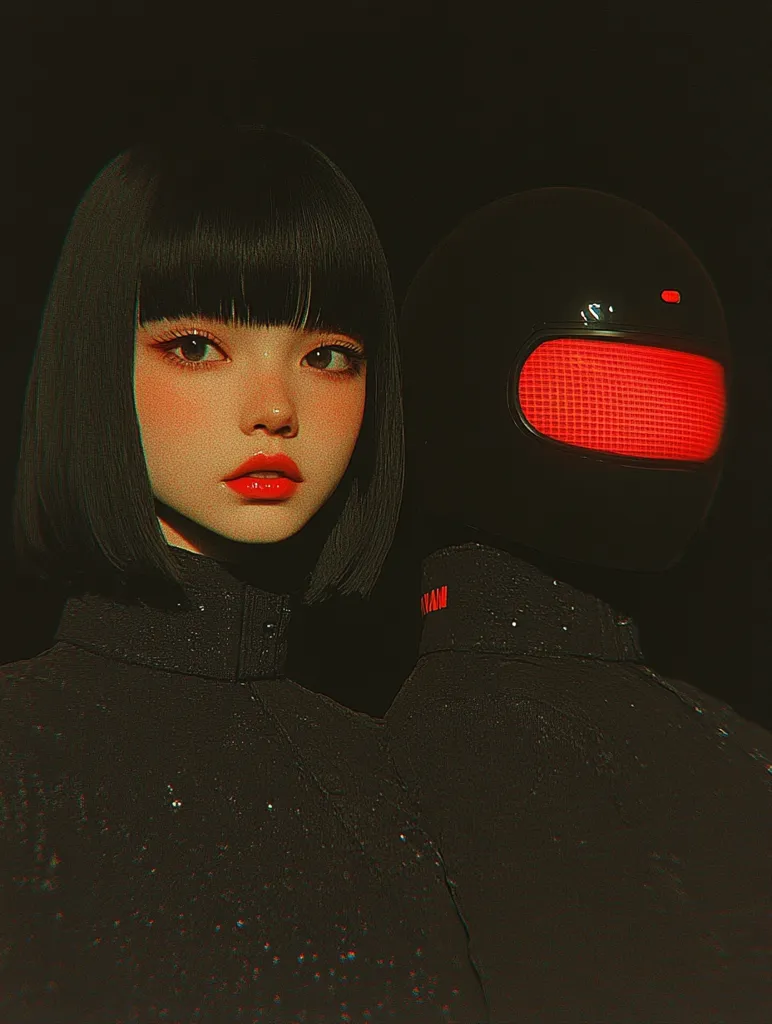 Here's a description of the image:

The image is a stylized digital portrait featuring a young woman with straight black bobbed hair, fair skin, and bright red lips.  She's dressed in a dark, textured turtleneck. Beside her, slightly behind, is a black helmet-like object with a glowing red grid-like panel on its front, suggesting a technological or futuristic element. The overall aesthetic is dark, moody, and slightly surreal, with a color palette dominated by black, red, and muted tones. The style evokes a blend of anime and cyberpunk influences. The contrast between the soft features of the woman and the hard lines of the helmet creates a compelling visual tension.