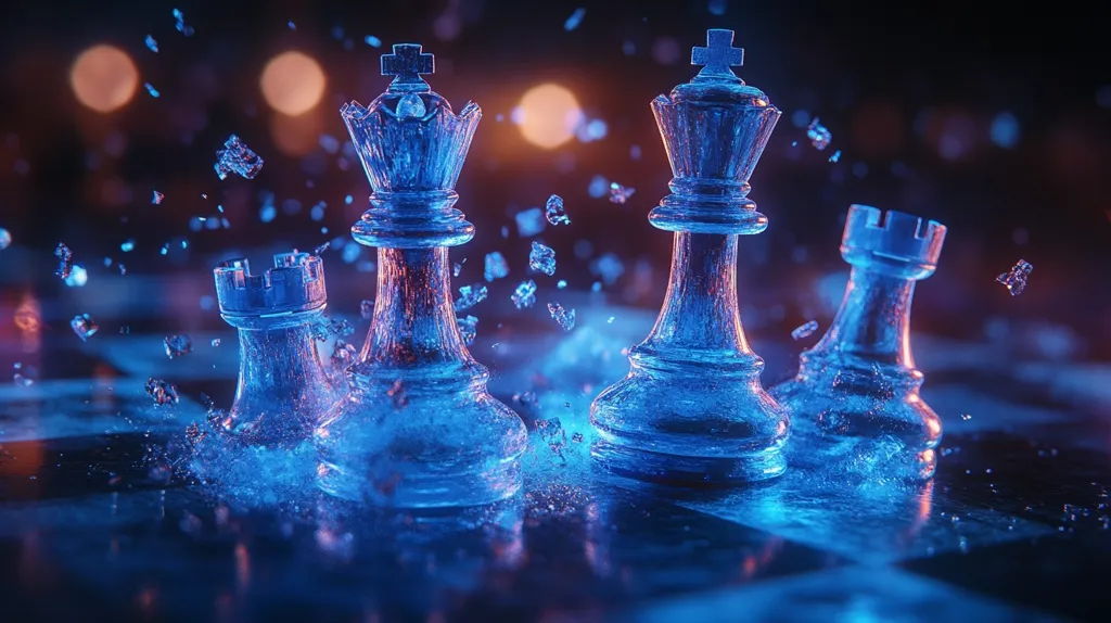 The image shows a chessboard with four glass chess pieces. The two kings are standing upright while a rook and a pawn are shattered. The scene is lit with a blue and pink light, creating a dramatic and almost magical atmosphere. Pieces of glass are scattered around the board, suggesting a violent battle. The image conveys a sense of victory and defeat in the context of a chess game.