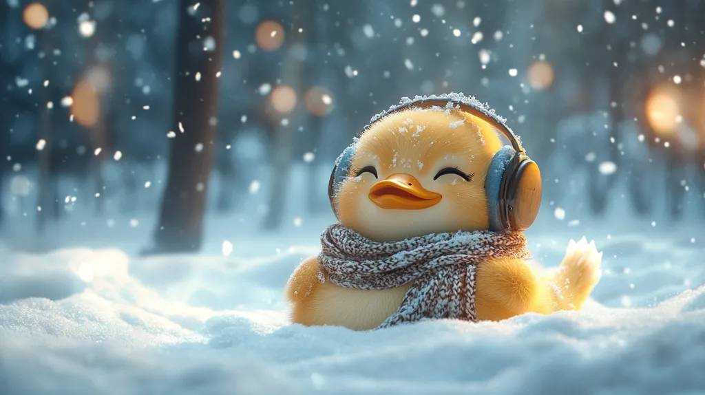 A fluffy yellow duck wearing headphones and a scarf sits in a snowy forest. The duck has a happy expression and looks like it is enjoying the winter weather. The background is a blurred forest with falling snow. The image has a soft, warm glow.