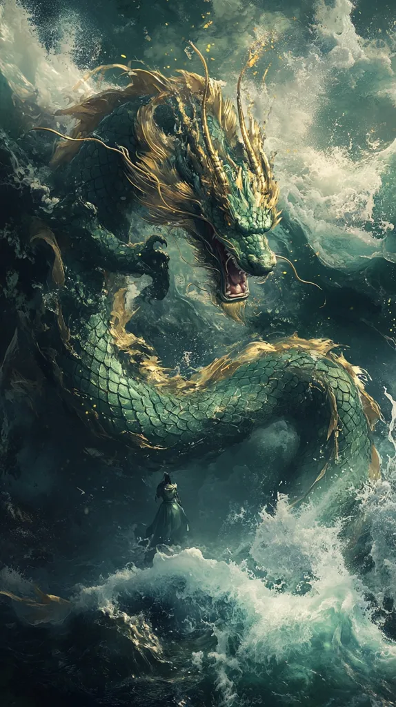A powerful green dragon with golden accents emerges from the crashing waves of a tumultuous sea. It's head is raised, its eyes glowing with fierce intensity as it surveys its domain. The dragon's scales shimmer, catching the light of the churning water as it prepares to unleash its might. A lone figure in the distance stands witness to this majestic display of raw power.
