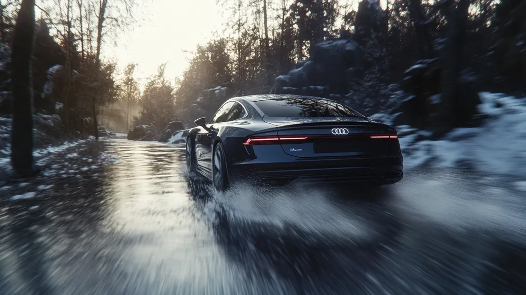 Here is a description of the image:

A dark-colored Audi e-tron GT drives down a snowy, partially flooded road. The car is in motion, creating a blurry wake of water and snow behind it. The setting appears to be a wintry forest, with snow-covered ground and dark trees lining the road. The sun is setting or rising, casting a warm glow through the trees. The focus is on the car, emphasizing its sleek design and the dynamic movement. The overall mood is one of speed and a slightly adventurous, wintery scene.