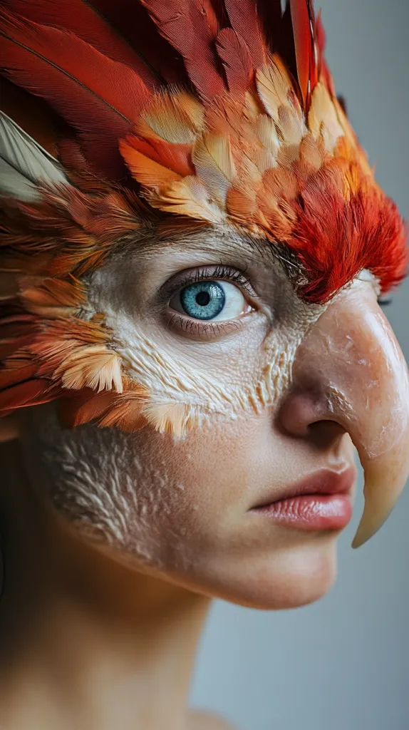 The image shows a woman with a large, feathered headpiece that resembles a bird's beak. Her face is painted white with a pattern that mimics the texture of feathers.  The woman's blue eyes and serious expression create a striking contrast against the colorful headpiece. The photo appears to be a creative makeup look, possibly inspired by nature and avian imagery.