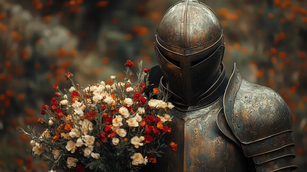 A knight in full armor stands against a blurred backdrop of red and white flowers. The armor is tarnished and weathered, and the knight's face is obscured by a helmet. The flowers are in focus and create a stark contrast to the knight's armor. The image evokes a sense of mystery and chivalry.