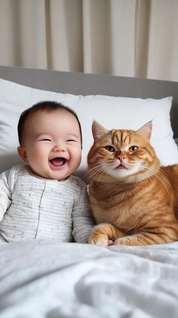 Here's a description of the image:

A joyous baby, with a wide, gummy smile, sits nestled next to a ginger cat on a white bed. The baby, wearing a light gray onesie, is facing the viewer, exhibiting pure delight. The cat, positioned slightly behind and to the baby's right, looks calmly ahead, its expression contrasting with the baby's exuberant grin. Both are surrounded by soft white bedding, creating a serene and heartwarming scene.  The overall impression is one of gentle companionship and innocent joy.