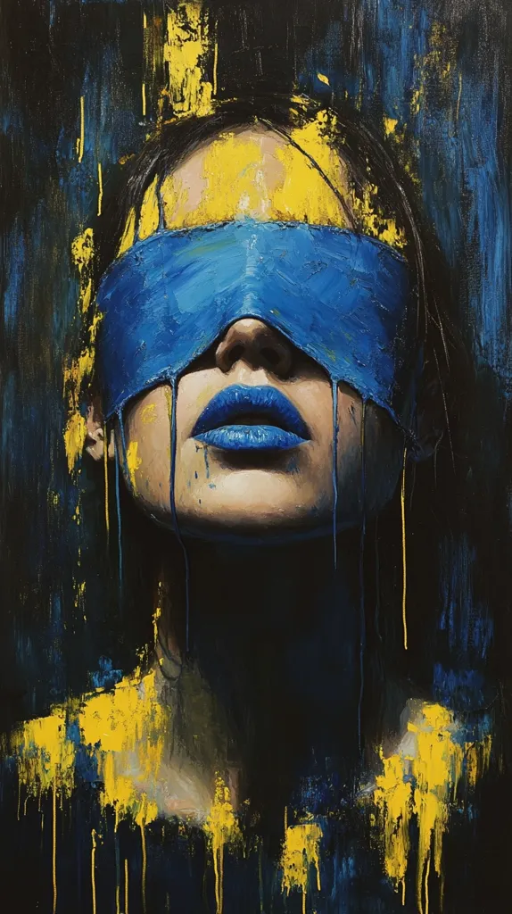 Here's a description of the image:

The painting is a striking portrait of a woman, her face partially obscured by a thick, dripping blue blindfold.  The style is expressive and abstract, with bold, impasto brushstrokes of blue and yellow dominating the canvas.  Yellow paint is splashed across her forehead and shoulders, creating a sense of movement and energy. The blue of the blindfold and her lips contrasts sharply with the yellow, creating a dramatic visual effect. The background is dark, emphasizing the woman's face and the vibrant colors. The overall impression is one of mystery and perhaps concealment, with a powerful emotional intensity.
