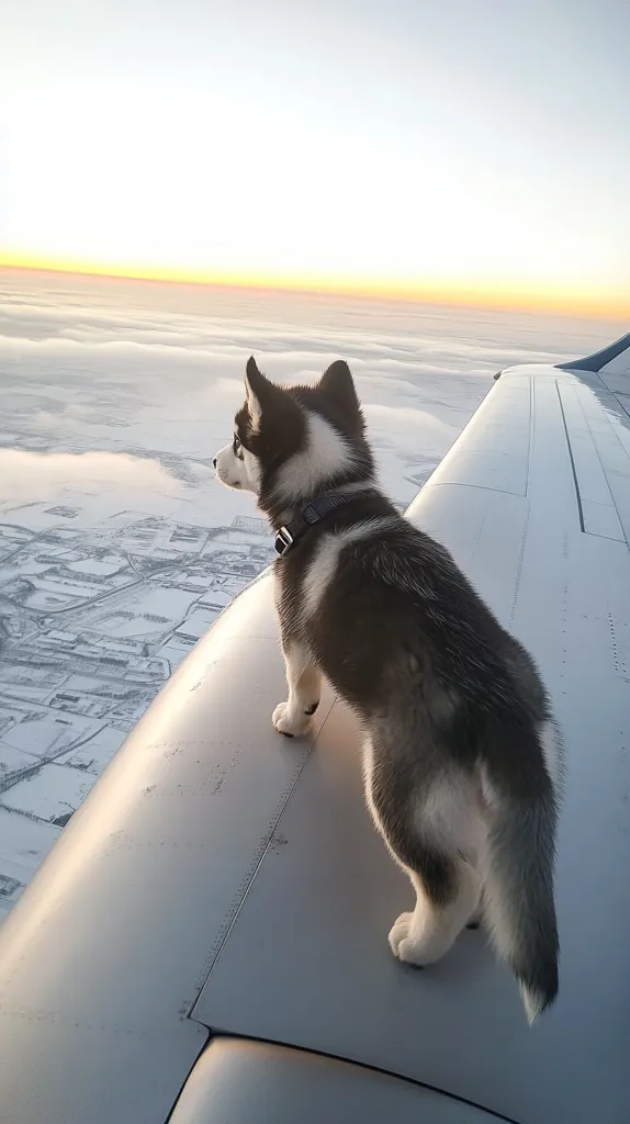 A black and white husky puppy stands on the wing of an airplane, looking out over a snowy landscape. The pup has a black collar with a silver buckle. The sky is a clear blue with a faint orange glow from the setting sun. The clouds below look soft and fluffy.  The puppy is facing forward, with its tail tucked behind its legs. The image captures a moment of pure joy and adventure.
