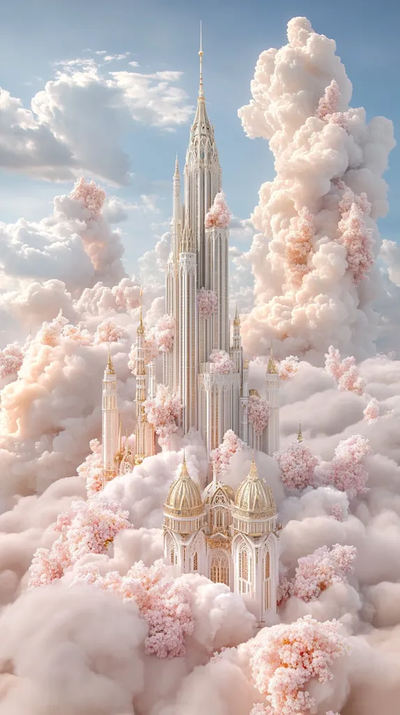 A majestic white castle, adorned with golden accents, pierces the fluffy pink clouds. Its spires reach towards a clear blue sky, while delicate pink blossoms adorn its exterior, creating a fairytale-like atmosphere. The castle appears to float amidst the clouds, a dream-like vision of elegance and wonder.