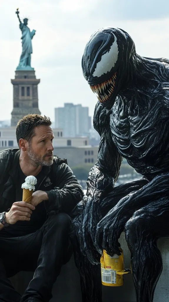 A man in a black jacket sits beside the alien symbiote Venom, who is wearing a black suit with a white spider-like symbol on its face. The man is holding an ice cream cone, and Venom is holding a yellow can. The Statue of Liberty is in the background, suggesting a New York City setting. The scene evokes a sense of curiosity and intrigue, hinting at the unlikely friendship between the man and the alien.