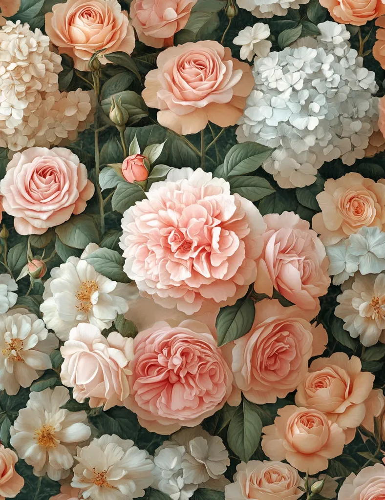 A lush, vibrant image showcases a profusion of pale pink and peach roses, interspersed with creamy white hydrangeas and smaller, delicate white blossoms.  The roses, in various stages of bloom, are the dominant feature, their soft petals rendered with meticulous detail.  Dark green foliage provides a rich contrast, enhancing the overall impression of a romantic and opulent floral arrangement. The style is reminiscent of classical botanical illustrations, suggesting a sense of refined elegance.