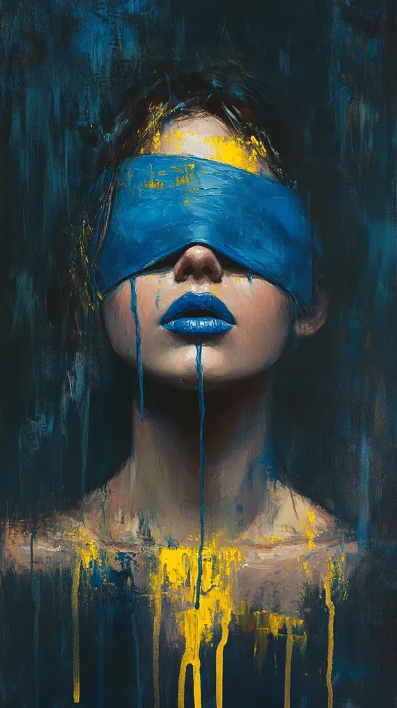 A close-up portrait of a woman with her eyes covered by a blue blindfold. The woman's lips are painted a vibrant blue, and streaks of yellow and blue paint drip down her face and neck, creating a sense of dramatic emotion and a blurred, ethereal effect. The background is a dark, abstract blue, adding to the mysterious and captivating atmosphere of the painting.