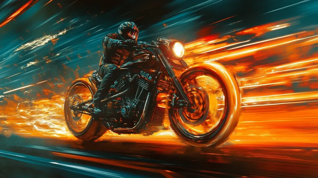 A motorcycle rider speeds down a road, leaving a trail of fiery orange streaks behind them. The rider is wearing a black helmet and leather jacket, and the motorcycle has a large, gleaming front wheel. The background is a blur of blue and orange, suggesting the speed of the ride. The scene is full of energy and motion, capturing the thrill of riding a motorcycle at high speeds.