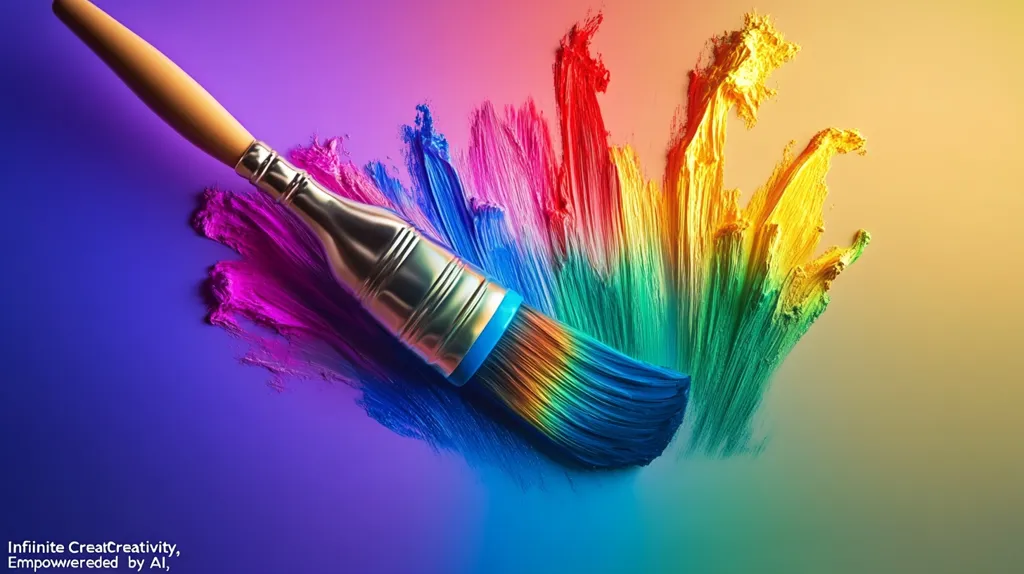 A paintbrush with a wooden handle and metallic ferrule rests on a vibrant, multicolored paint stroke. The colors range from deep purple and pink to bright blues, greens, yellows, and reds, creating a rainbow effect. The paint is thick and textured, suggesting dynamic brushstrokes. The image is a colorful and expressive representation of artistic creation and boundless creativity. The background fades from purple to a warm yellow-orange, enhancing the vibrancy of the paint.