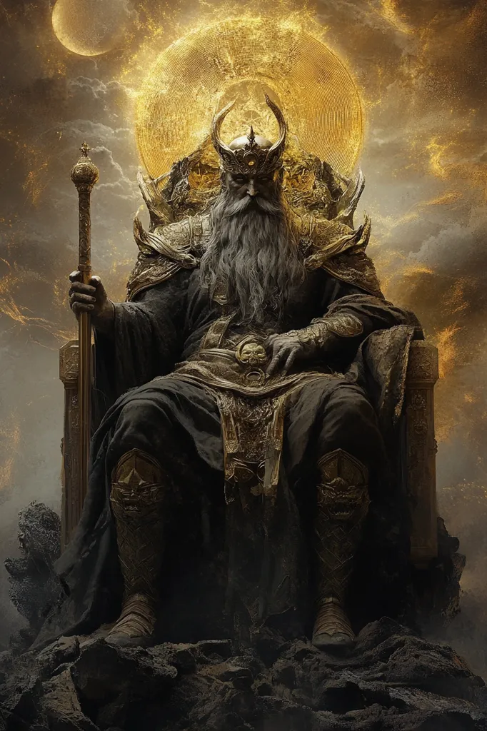 A powerful, aged king with a long grey beard sits upon a majestic golden throne. He wears ornate, dark robes and a crown, holding a scepter.  A large, radiant golden halo surrounds his head against a backdrop of swirling gold and dark clouds, suggesting celestial power.  The scene is dark and dramatic, emphasizing the king's authority and mysterious nature. His throne rests on dark, rocky terrain, adding to the image's powerful and regal atmosphere.