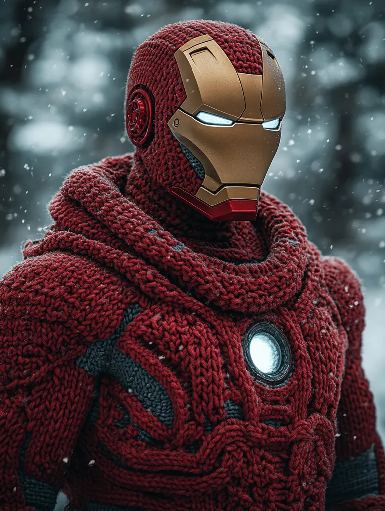 A knitted Iron Man suit stands in a snowy setting. The suit is a deep red color with a gold and red helmet, and has intricate knitted details throughout. Snow falls gently around the figure, creating a whimsical contrast. The suit's arc reactor glows brightly, highlighting the intricate craftsmanship. The image is a blend of superhero fantasy and cozy winter vibes.