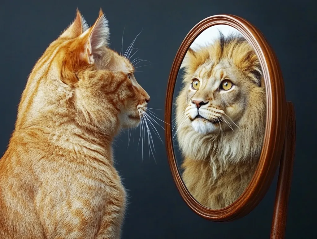 A ginger cat stands in profile, gazing intently at a  mirror. The mirror reflects an image of a lion with a majestic mane. The cat and the lion share similar features, suggesting a playful and humorous  transformation. The image creates a whimsical contrast between the domestic cat and the powerful lion.