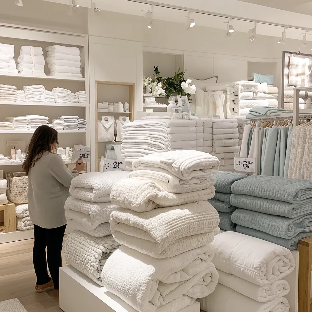 A woman in a grey sweater and black pants stands in a well-lit home goods store, examining white towels stacked high on shelves. The store is bright and airy with white walls, and the shelves are neatly organized with white towels and other home goods. In the background, a display of blue towels sits beside white pillows. The overall image is clean and inviting, showcasing a range of soft, luxurious items.