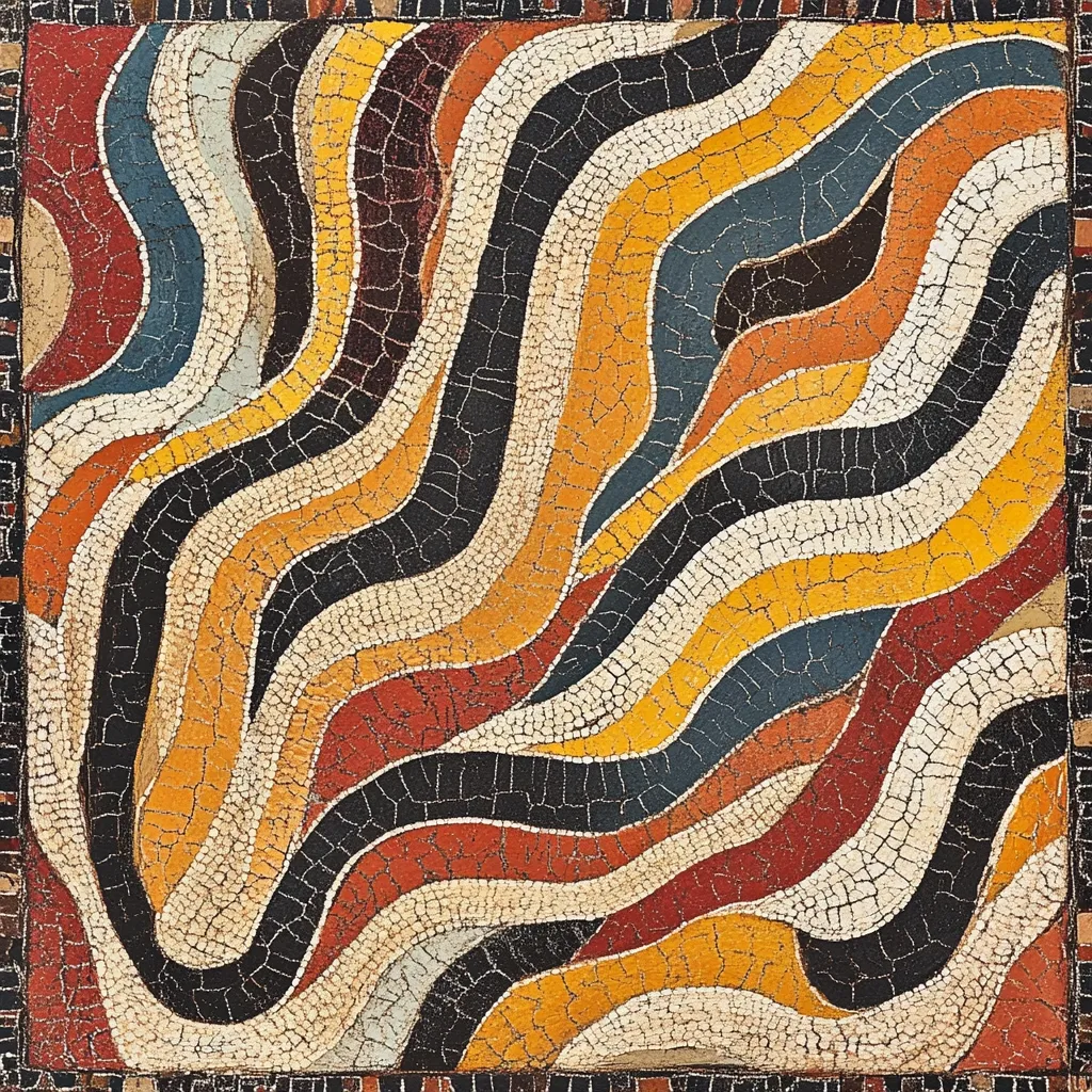 A mosaic floor design featuring wavy, flowing lines in black, white, red, orange, and yellow. The lines are separated by a cracked black grout, giving the piece a textured, almost 3D effect. The design is abstract and eye-catching, with its vibrant colors and dynamic movement.