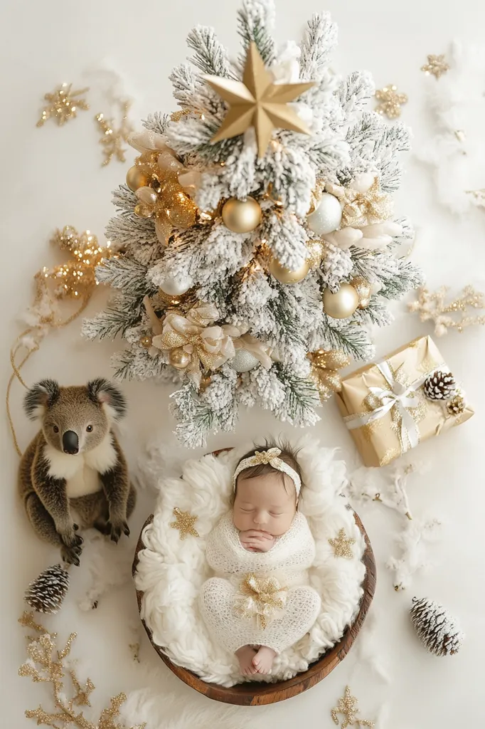 Here's a description of the image:

A newborn baby, wearing a cream-colored knitted outfit and a gold headband, sleeps peacefully in a cream-colored, fluffy bowl.  The bowl sits next to a snow-dusted Christmas tree adorned with gold and cream ornaments and a gold star topper.  A plush koala sits near the bowl, and gold-toned decorations, including small pine cones and glittering sprigs, are scattered around.  A gold gift is also present, completing the festive, elegant scene. The overall aesthetic is one of luxurious simplicity.