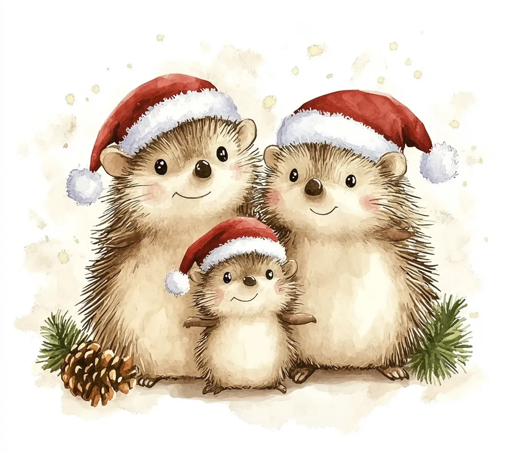 A watercolor painting of a family of three hedgehogs. The two larger hedgehogs are wearing red Santa hats and the smallest hedgehog is wearing a smaller red Santa hat. They are standing on a light brown background with green pine branches and a pine cone. The hedgehogs are looking at the viewer. The painting has a festive and cute style.