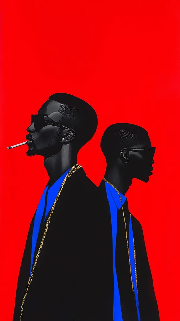 The image features two Black men in profile against a bright red background. They are both wearing black suits and gold chains. The man on the left is smoking a cigarette and wearing sunglasses. The man on the right has his head turned slightly towards the left. The image is simple but striking and evokes a sense of cool and style.