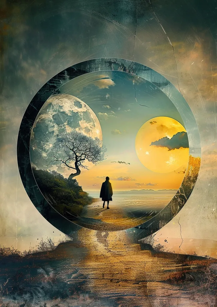 The image depicts a surreal landscape with a large circular frame encompassing a scene of a lone figure standing on a path leading to a beach. The frame is set against a backdrop of a textured, earthy sky, with a large moon and a smaller yellow orb visible in the distance. The scene evokes a sense of mystery and introspection, suggesting a journey into the unknown. The use of light and shadow creates a dramatic atmosphere.  The circular frame acts as a portal, hinting at the possibility of another dimension.  The lone figure suggests a sense of isolation and contemplation.