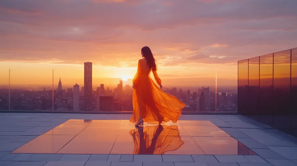 A woman in a flowing orange dress stands on a rooftop overlooking a city skyline at sunset. The setting sun bathes the scene in warm hues, creating a sense of serenity and beauty. The woman's reflection on the reflective surface of the rooftop adds a touch of magic to the image. The cityscape in the background, with its towering buildings, creates a stark contrast to the woman's delicate figure. The image evokes feelings of peace, beauty, and the power of nature.