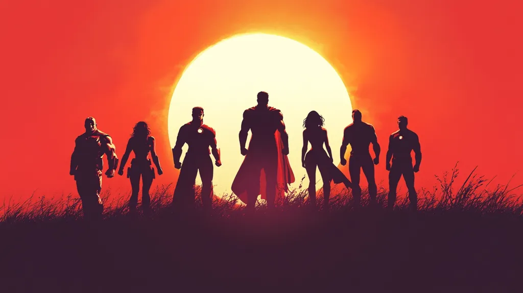 The image is a silhouette of seven superheroes standing in a field, with a large sun setting in the background. The superheroes are all facing forward, with their arms at their sides, and are standing in a line with the tallest in the center. The sky is a bright red, and the sun is a yellow circle. The grass in the field is a dark green. The image evokes a sense of power and strength.